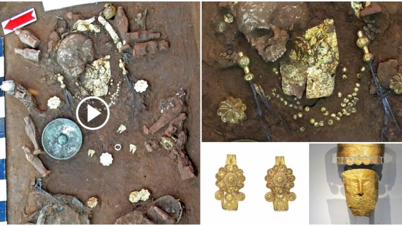 Archaeologists unearthed a skeleton with gold jewelry and numerous precious ornamental objects.