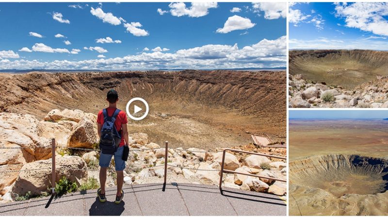 The crater is located in the middle of the arid desert, the result of a meteorite impact