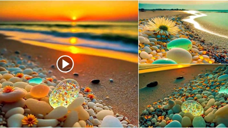 The glowing rocks stretching on the beach make the sunset even more beautiful.