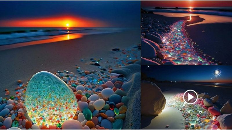 The beautiful sunset is enhanced by the sparkling rocks reaching out on the beach.