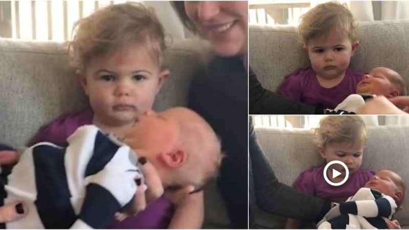 Toddler meets her baby brother for the first time and she NOT impressed