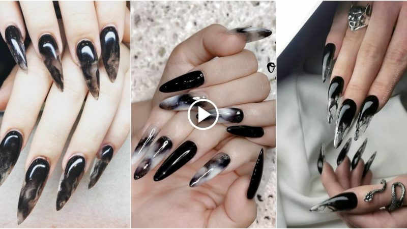 24 gothic and witch black ombre nails featuring long, transparent almond shaped nails with glass details.