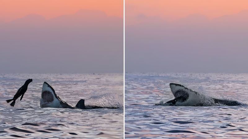 Unlucky seal dives into the waiting mouth of a big white shark after leaping from the water.