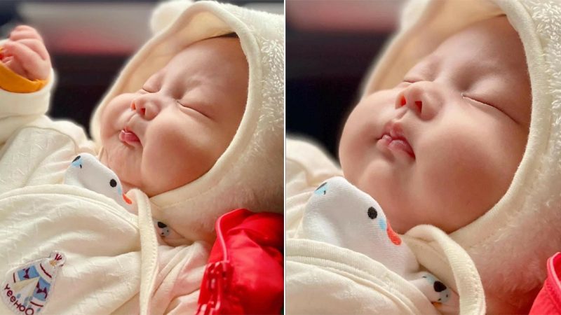 Close-up of the lovely, chubby fасe of a 1-month-old baby makes many people fall in love.