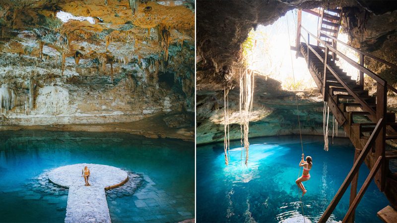 Discover the mesmerizing Cenote waterfall nestled in the heart of Yucatan, Mexico.