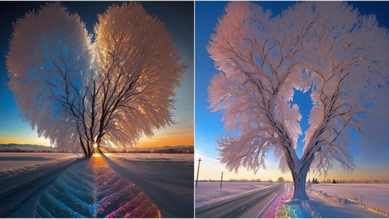 Radiant loneliness: Multicolored trees bloom in the middle of a snowstorm adorned with a brilliant rainbow