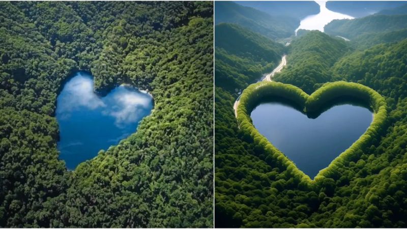 Discover the Tranquil Charm of Heart-Shaped Lakes Enveloped by Lush Greenery, a Majestic Remembrance of Mother Nature’s Affection