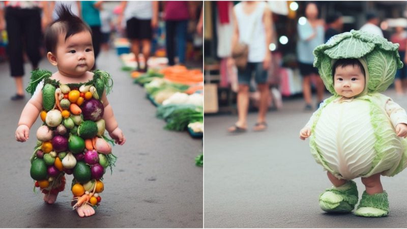 Blossoming Joy: Baby’s Whimsical Fruit and Vegetable Costumes Illuminate the Digital Realm