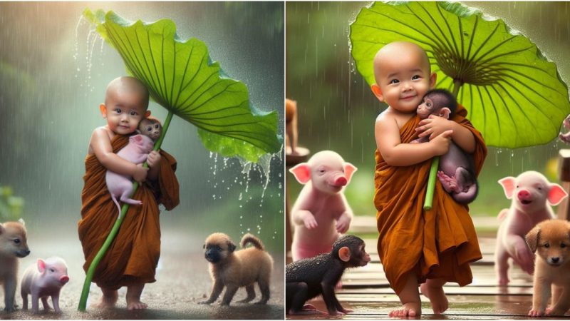 Captivating Moments: Babies Embracing Rain, Tenderly Nurturing Their Furry Companions.